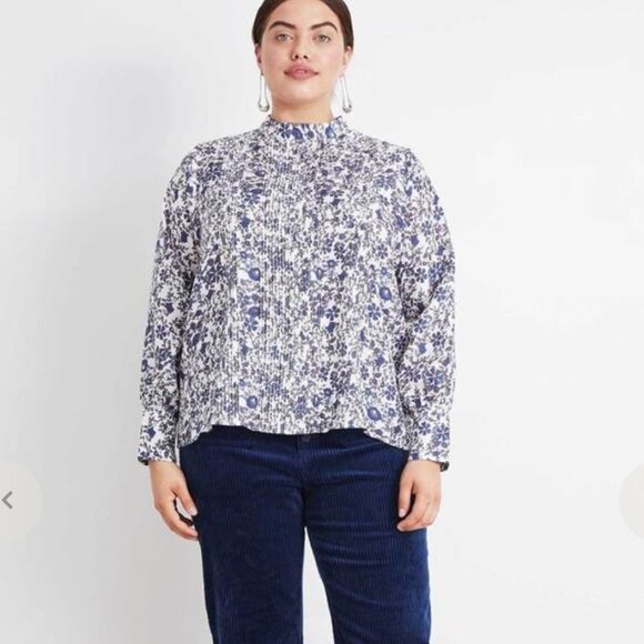 Apiece Apart Tops - Apiece Apart Sez Pinktuck Silk Floral Print Long Sleeve Blouse White and Blue